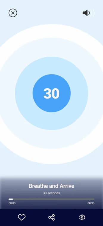 The InnerWise app's Breathe and Arrive timer counting down from 30