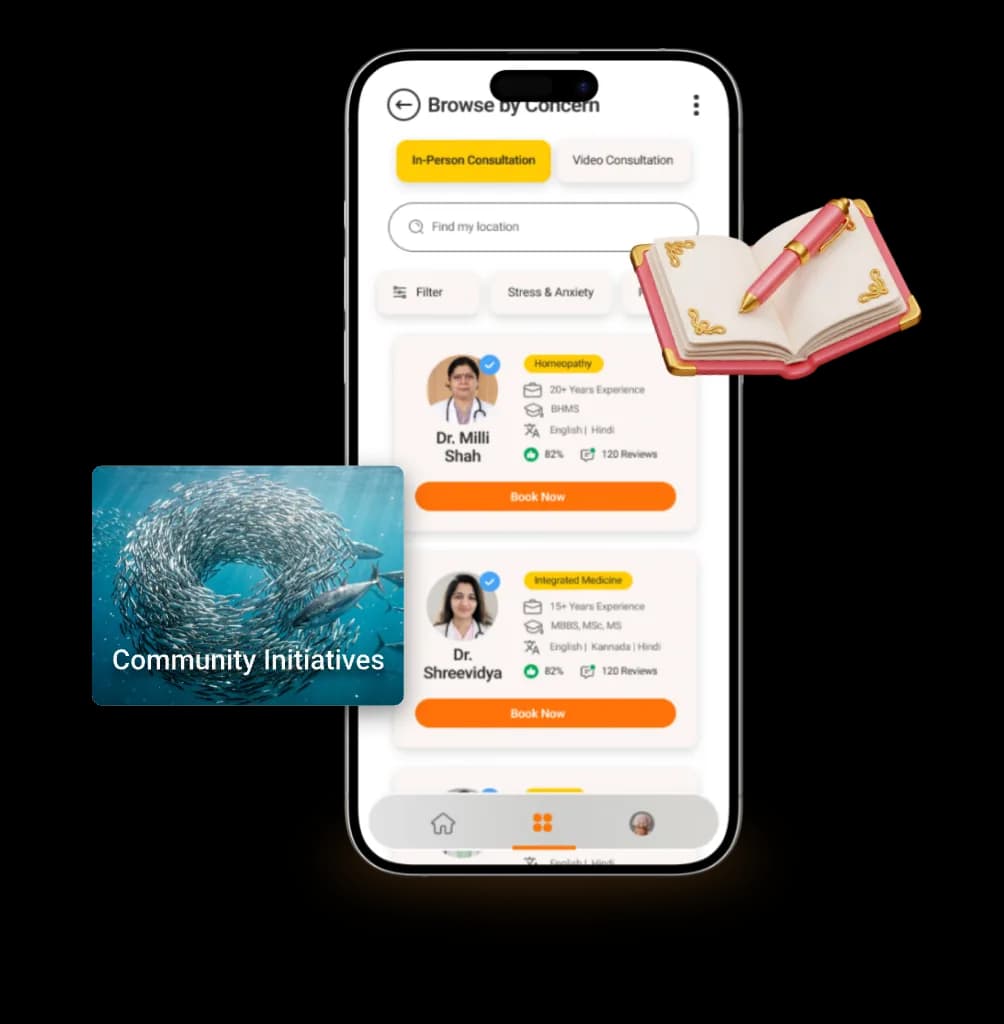 Experts to browse on a phone, beside an open journal and a Community Initiatives card.