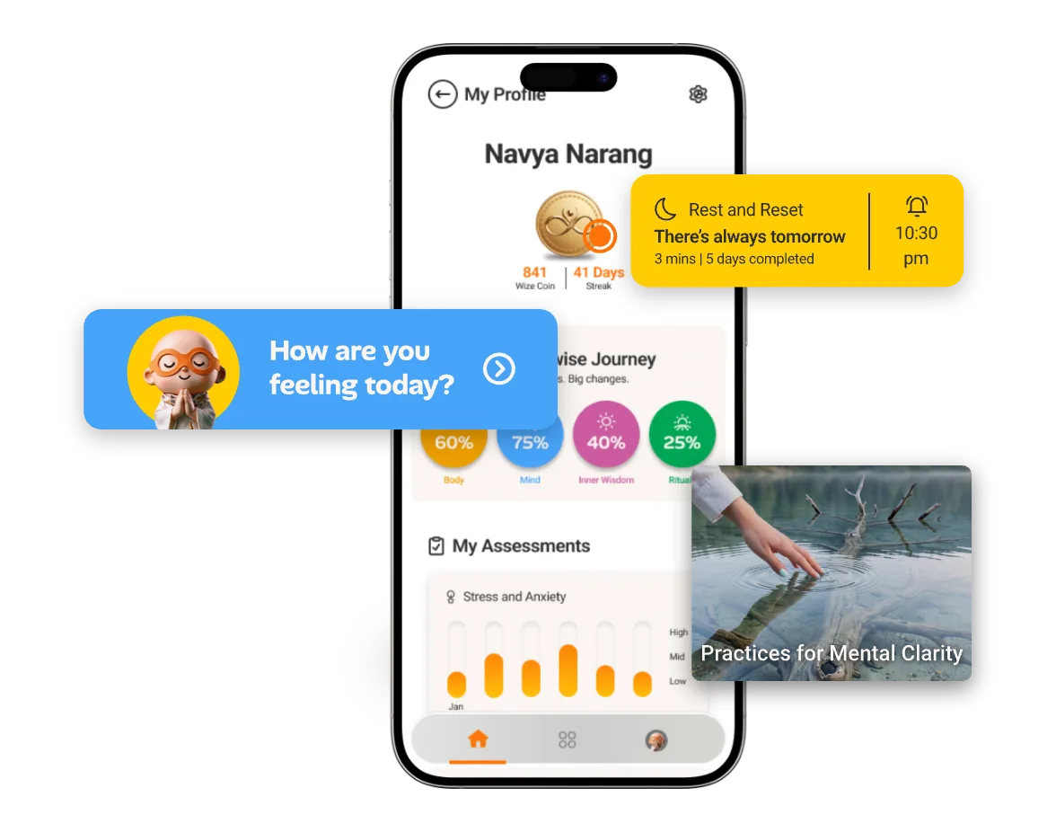 An InnerWise profile on a phone with assessments and a reminder to rest and reset, a How are you feeling today? check-in and a Practices for Mental Clarity card.