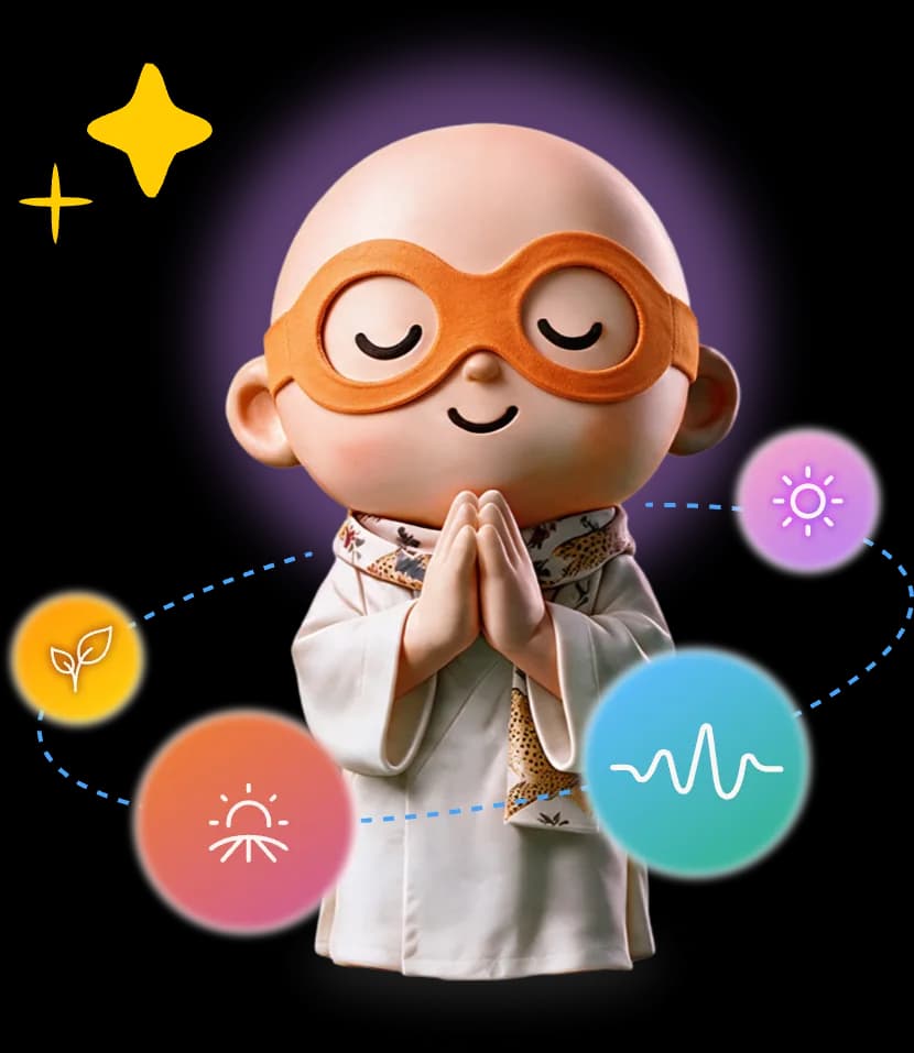 Wisebud with folded hands in a purple glow, circled by bubbles with a leaf, a sun, a wave and a sunrise.